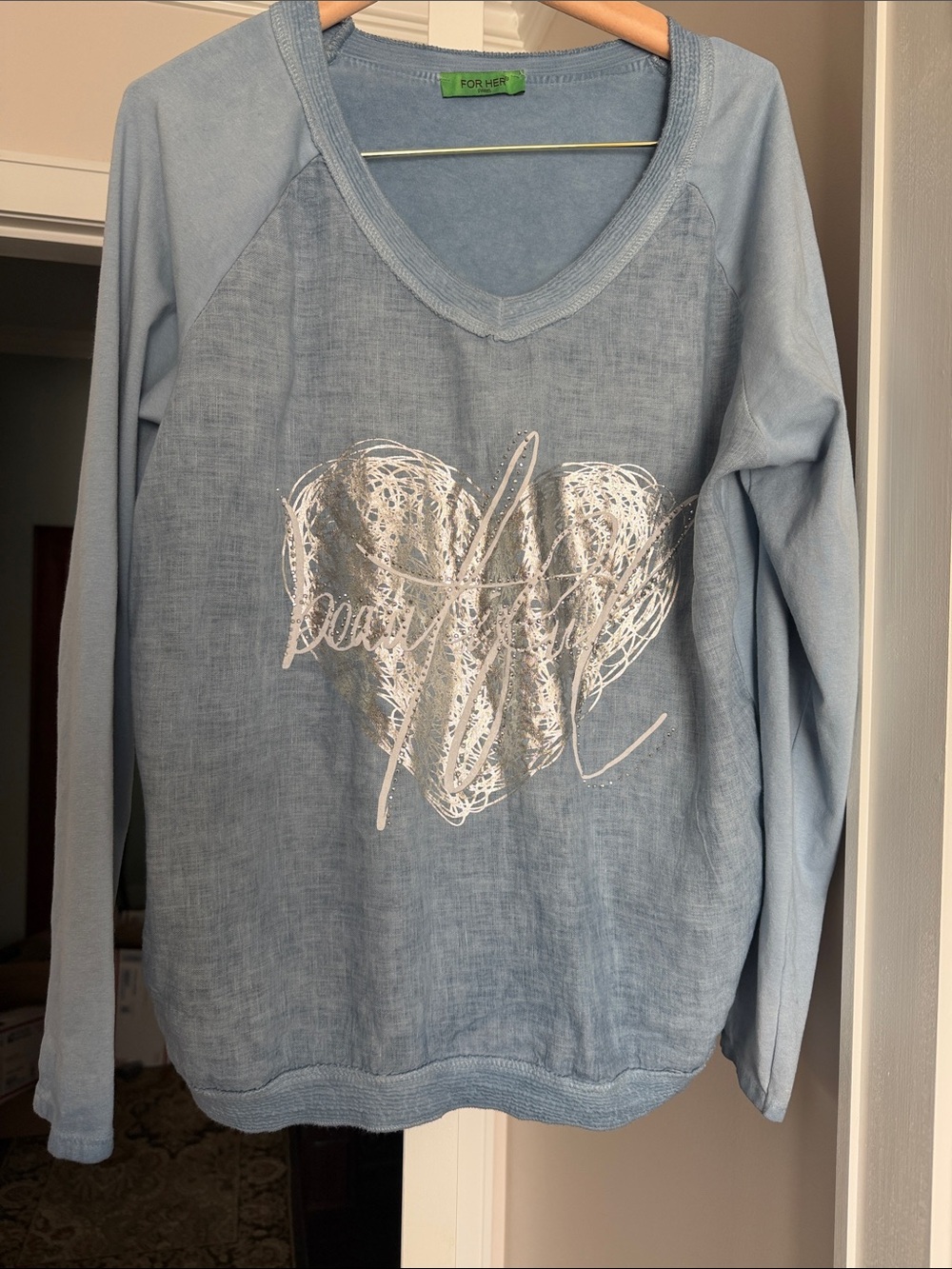 For Her Paris linen  Blue Artistic Heart “beautiful “Design  size Large